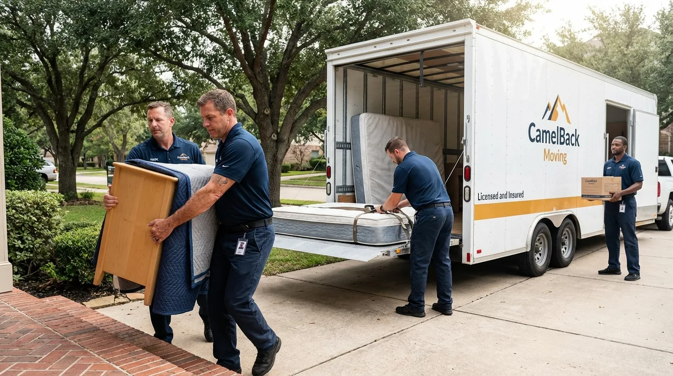 Crew loading residential truck for cross-state move from Marshall, AR