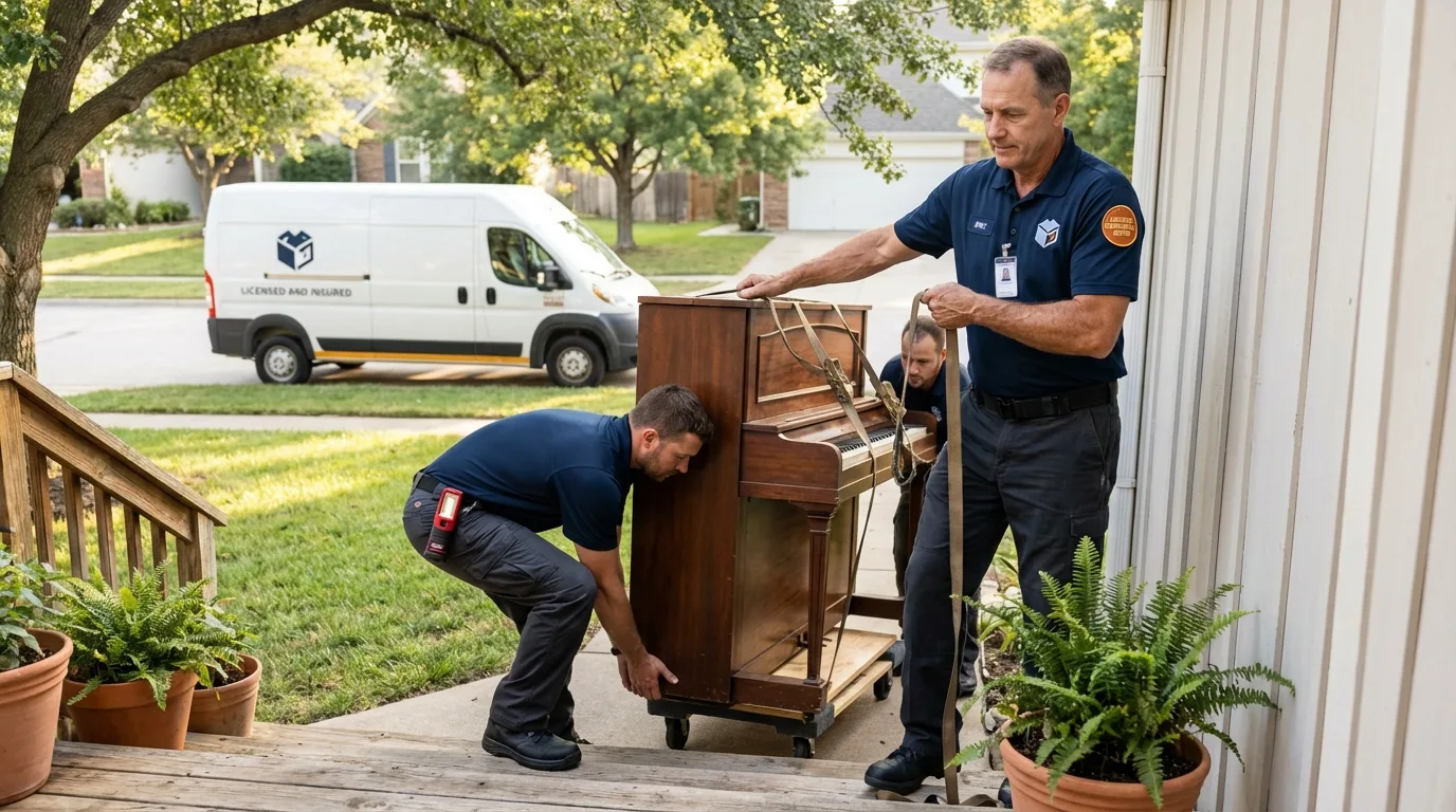 Licensed piano movers securing grand piano in Marshall, AR